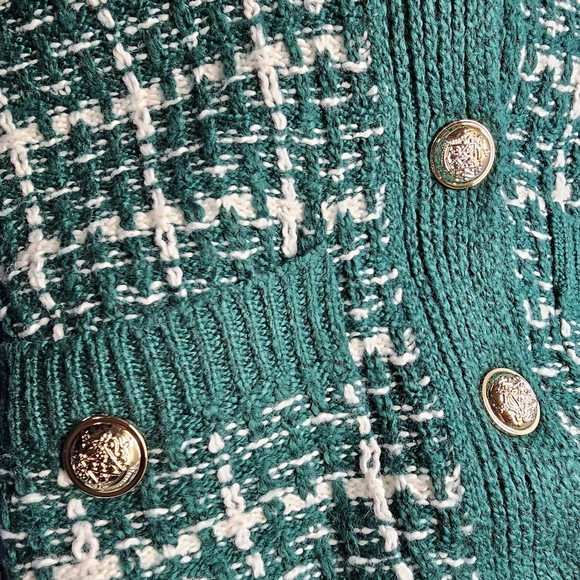 * New Chic Plaid Tweed Knit Cardigan Sweater Dark Green White - Picture 9 of 10